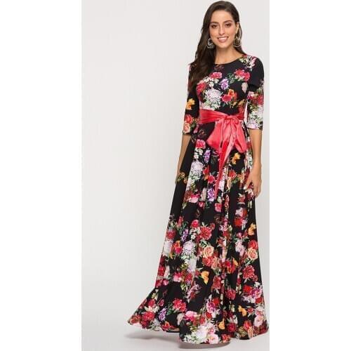 2021 Cross-Border European Grand Prix Womens Printed Maxi Dress Amazon Three-quarter-length Sleeve Lace-up Bohemian Dress