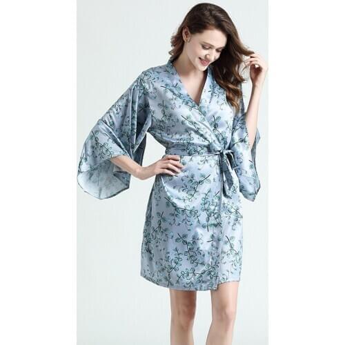 Satin Lady Kimono Bathrobe Gown Print Sleepwear Nightgown Silky Intimate Lingerie Nightdress Casual Home Dressing Gown Homewear