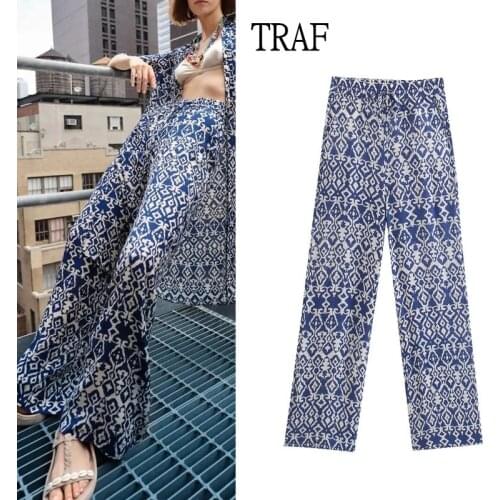TRAF Woman Pants Za 2021 Summer Print Trousers Chic Elastic High Waist Wide Leg Casual Women Pants Streetwear Women Clothing