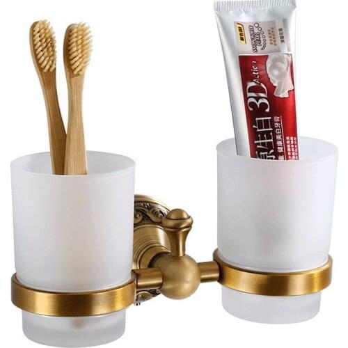 Double Tumbler Holders Aluminum Double Cup Holder Antique/Ivory Carved Wall Mounted Toothbrush Holder rack Bath Hardware