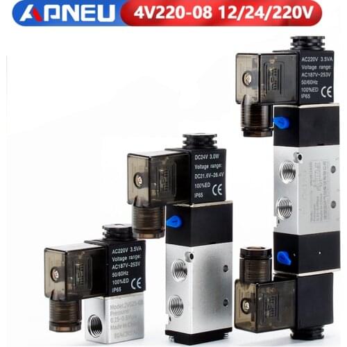 Solenoid Valve 220V Pneumatic 4V220-08 Air 5 way 2 Position 1/4" Coil Aluminum Alloy Internal DC 12V electric DC 24V AC 110V