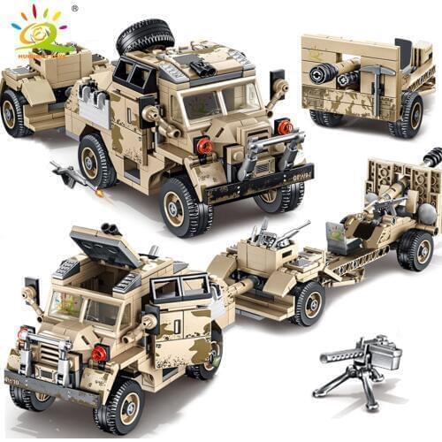 HUIQIBAO 464PCS Military WW2 Army Artillery Tractor Model Building Blocks Soldier Figures Weapon Truck Bricks Toys for Children