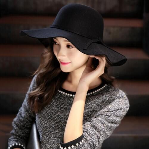 Soft Wool Women Hat Vintage Wide Brim Dom Hats Bowknot Ladies Floppy Felt Fedora Cap