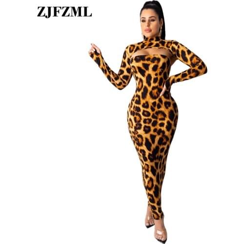 Camo Leopard Print Sexy 2 Piece Set Women Club Outfit High Neck Long Sleeve Crop Top and Strapless Open Back Bandage Maxi Dress