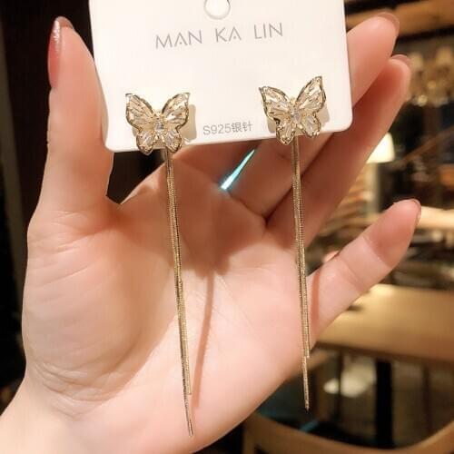 Long Earrings Women Bow Tassel Earings Front and Back Crystal Bow Tassel Earrings Female Long Temperament Butterfly Earrings