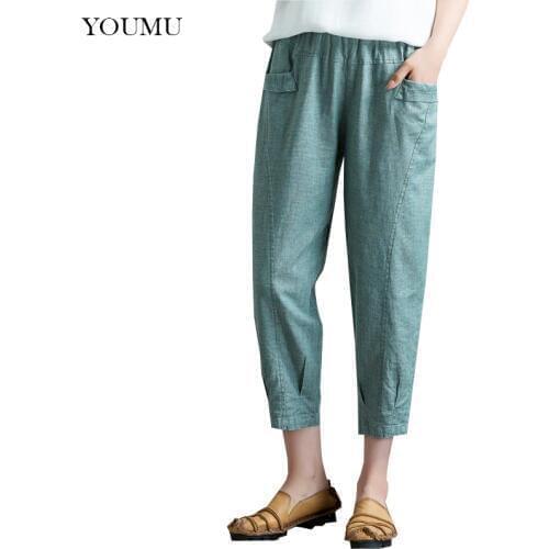 Summer Old Women Harem Pants Ankle-Length Cotton Linen Elastic Waist Solid Plus Size L-4XL Casual Everyday Trousers 223-342