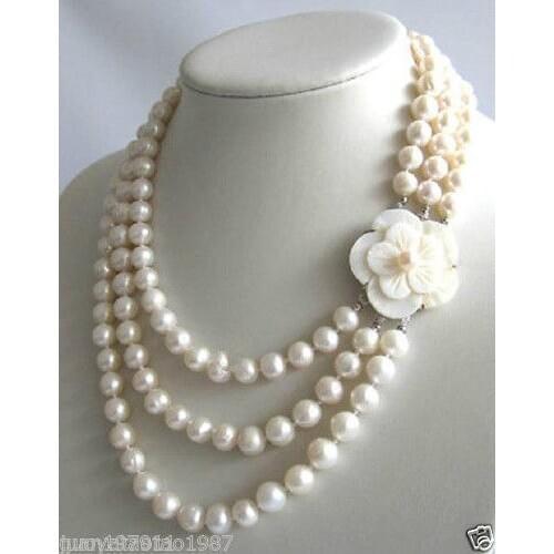 Nobility Womans jewelry 3Row 7-8mm White Freshwater Pearl Necklace Shell Clasp Natural $ Luxury Girls Wedding -jewelry