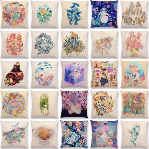 New arrival Watercolor Cute Cartoon Lovely Girls Beautiful Flowers Linen Cushion Cover Home Decor Car Sofa Throw Pillow Case