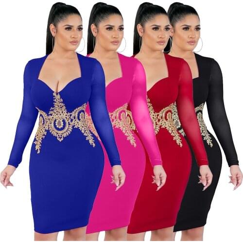 Autumn Fall Women Lace Embroidery Splicing Long Sleeve Bodycon Midi Dress Sexy Plunging V-neck Club Party Dresses Vestido GL8221