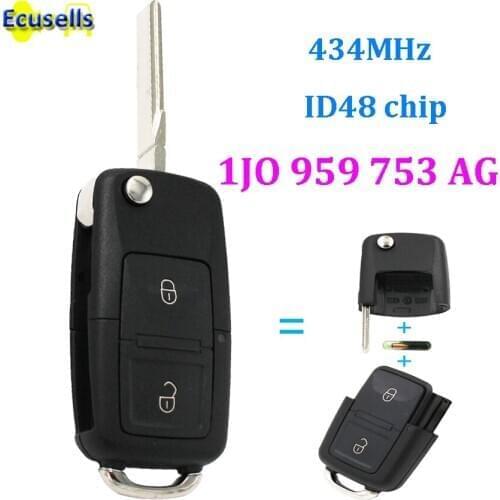 For VOLKSWAGEN GOLF BORA ETC KEY REMOTE FOB 2 BUTTON HLO 1J0 959 753 AG Cmplete key with UNCUT blade 434mhz with ID48 chip