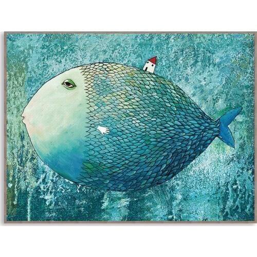 Modern Watercolor Big Fish Small House Canvas Painting Nordic Simple Bedroom Living Room Decorative Painting Abstract Wall Art