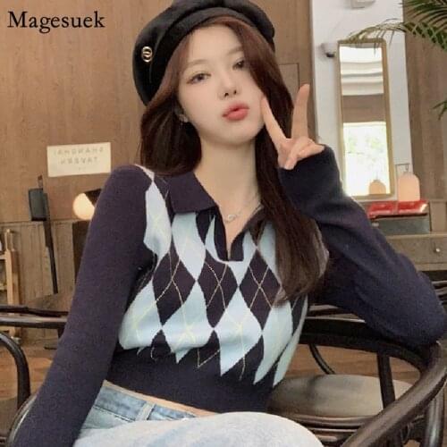 Vintage Knitwear Womens Sweater Autumn 2021 Long Sleeve Knitted Argyle Sweater Woman Casual Plaid Pullover Women Sweaters 16288