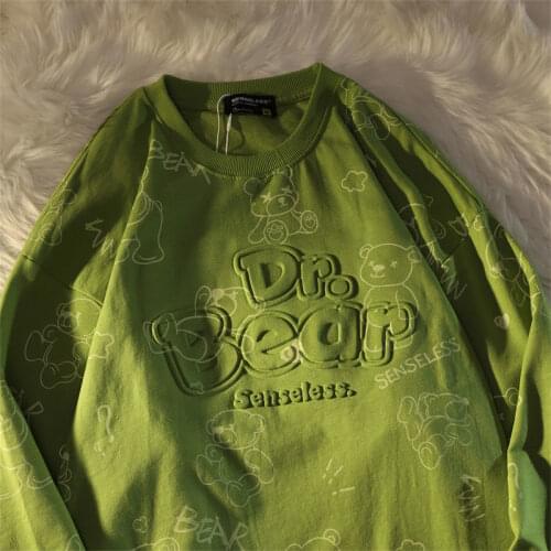 2 Colors Vintage Bears 3D Letters Printed Sweatshirts Womens Cotton Long Sleeve Tops Harajuku Teens Clothes Japan Korean Fashion