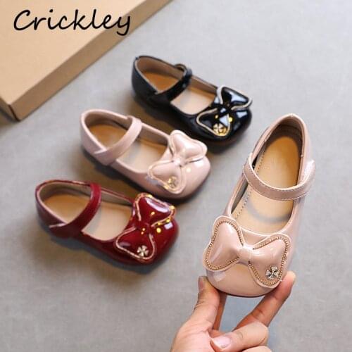 Bow Crystal Girls Flats Shoes PU Leather Party Shoes Kids Girl Mary Janes Light Hook Loop Anti Slip Children Princess Shoes