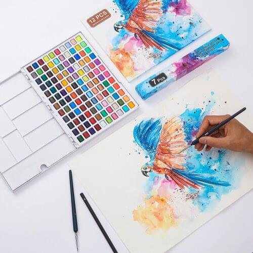 Solid Watercolor 120 Colors Professional Painting Set Including Water Brush Fluorescent Macaron Pearlescent Color Art Supplies