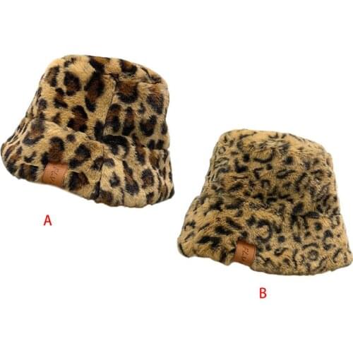 Women Winter Fluffy Plush Bucket Hat Leopard Printed Harajuku Warm Fisherman Cap