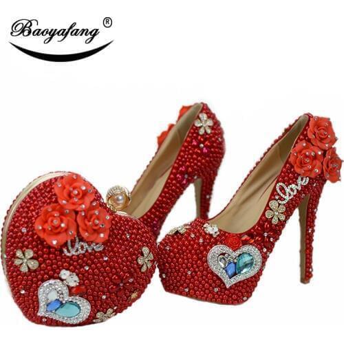 BaoYaFang Red Pearl Womens wedding shoes with matching bags Thin Heel fashion Ladies party dress shoes and bag sets high shoes