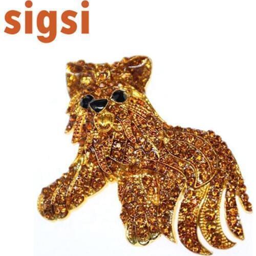 100pcs/Lots gold plated sparkly acrylic Cute poodle dog metal crystal rhinestone brooch pin