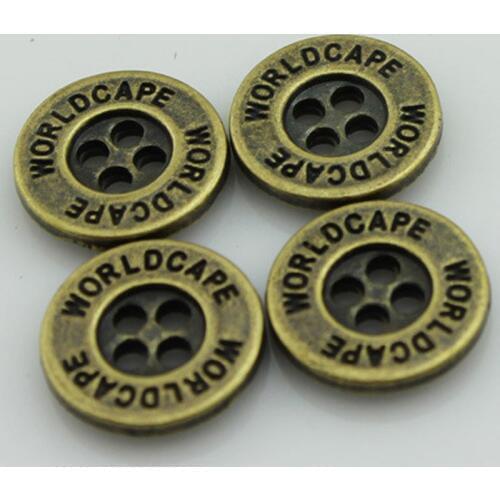 100pcs/pack) Customized bronze jacket garment metal buttons with brand name and logo, 4-holes electroplating, Nickel-Free