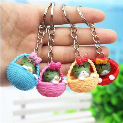 4pcs/lots Random Mixed Color Cartoon Cute Basket and Cat Key Rings Chains Pendant Ornament For bag car Keychain