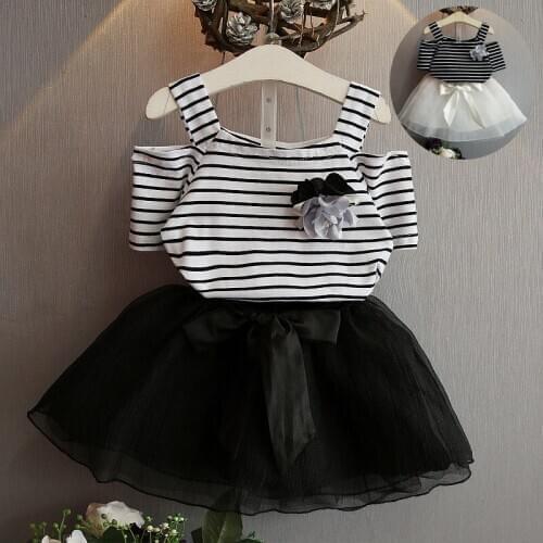 Kids Girls Dress Summer New 2019 Brand Girls Clothes White Black Stripe Short Sleeve T-Shirt+Veil Dress 2Pcs Children Clothes
