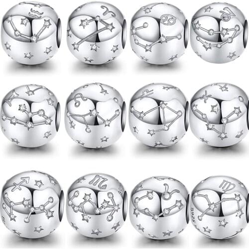 Hot 2020 Genuine 925 Sterling Silver 12 Constellation Zodiac Round Beads Fit Original Pandora Bracelet Charms Aquarius Jewelry