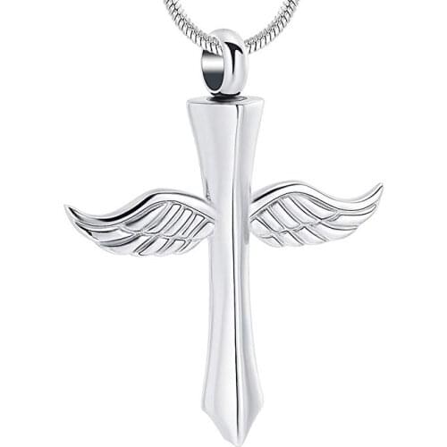 JJ001 Unique Cremation Jewelry With Angel Wing Cross Stainless Steel Memorial Urn Pendant Necklace For Ashes Of Loved Ones