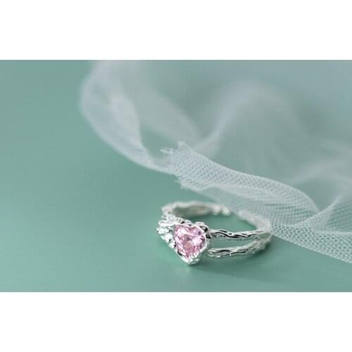 Ring For Women 925 Sterling Silver Heart Gift For Valentines Pink Cubic Zirconia Shiny Love Engagement Wedding Band Eternity