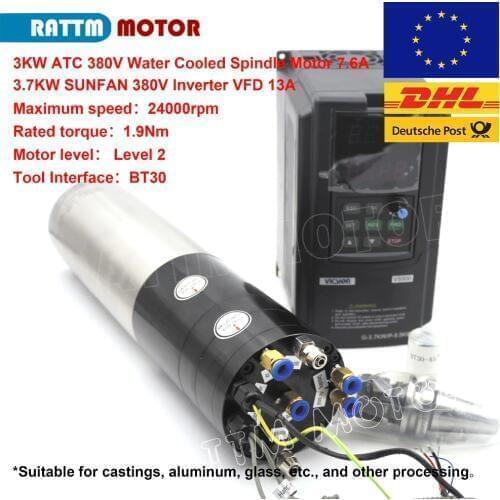 CNC ATC Spindle BT30 3KW Water cooled Spindle Motor 380V + 3 Phase 3.7KW SUNFAR brand Inverter 380V 13A for CNC milling machine