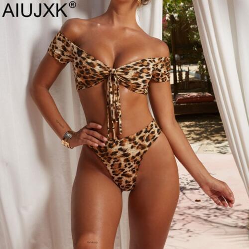 AIUJXK Off Shoulder Sexy Leopard Print 2 Piece Swimsuit Women Bandage Lingerie Bra Set Summer Biquini Ladies Swimming Underwear