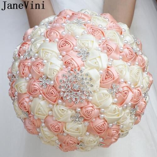 JaneVini Round Big Wedding Bouquet for Bride Silver Crystal Luxurious Beaded Bridal Holding Flowers 30cm Rose Fleur Mariage 2021