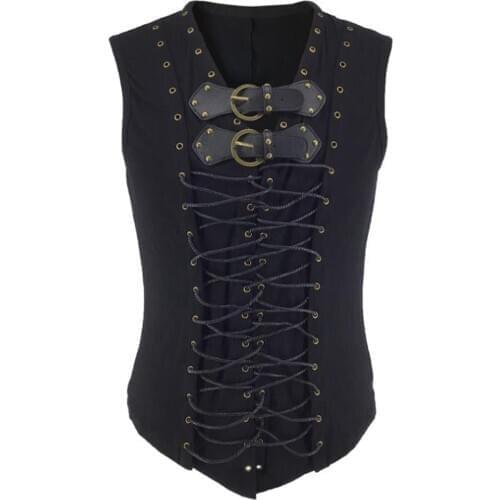 Mens Gothic Tank Tops Lacing-Up Bandage Buckle Waistcoat Streetwear Male Sleeveless Vintage Black Steampunk Corset Tops Costume
