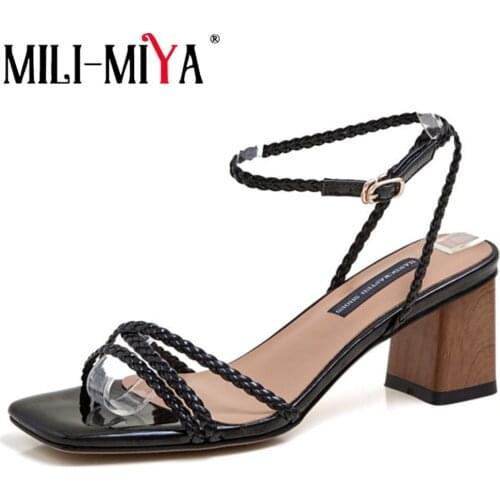 MILI-MIYA Trendy Block High Heel Woven Sandals 2021 Women Gold Black Summer Fashion Square Toe Ankle Strappy Party Dress Shoes