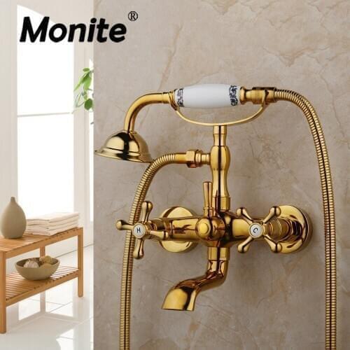 Monite Golden Plated Bathroom Bathtub Faucet Solid Brass Wall Mounted Shower Faucet Set w/ Held Hand Shower