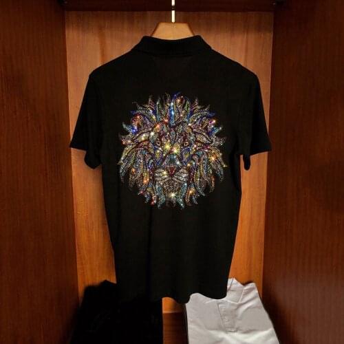 Mens Polo Shirt Super Soft Fashion Slim Brand Casual Short Sleeve Lion Shiny Hot Rhinestone Pattern