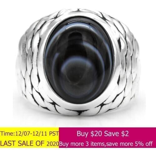Male Ring 925 Sterling Silvers Men Ring Natural Eye Black Agate Stone Punk Vintage Ring For Men Party Jewelry Fine Jewelry Gift