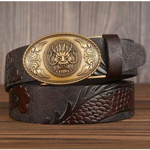 Western denim mens belt automatic buckle dragon, leather personality dragon, carved mens belt
