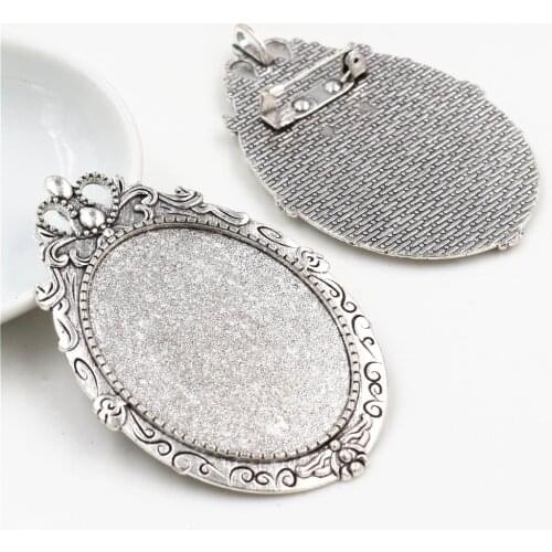 New Fashion 5pcs 30x40mm Inner Size Antique Silver Plated Pin Brooch Flowers Style Base Setting Pendant (B3-43)