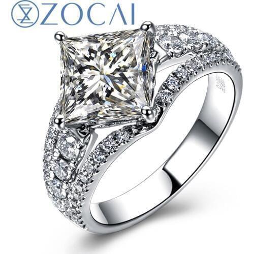 ZOCAI Side Stone Split Shank Real 1.6 CT Natural F-G / VS Princess Cut Diamond Engagement Ring 18K White Gold W03761