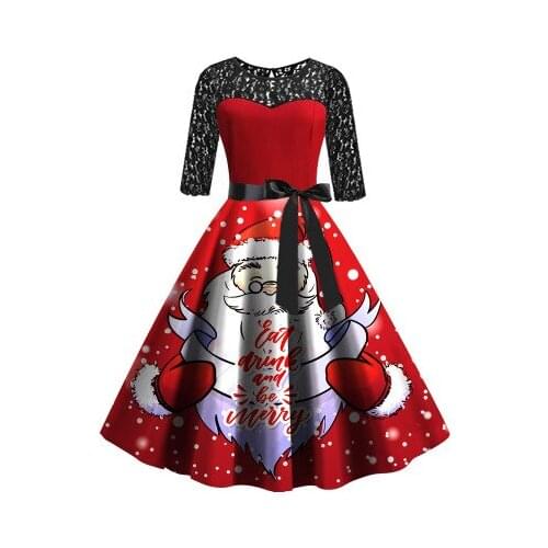Autumn Christmas Dress Womens Long Sleeve Lace Stitching Big Swing Festive Clothing Sexy Dress Midi Dress Lady Elegant Dress