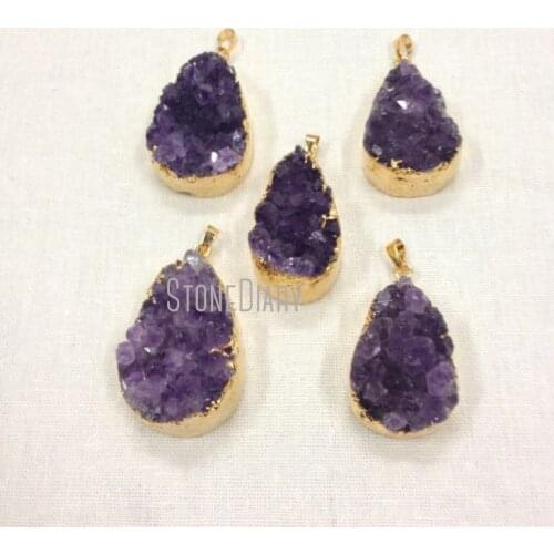 H-AMD32 Teardrop Raw Druzy Amethysts Cluster Pendant with Gold