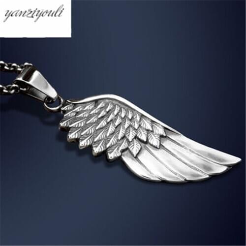 Fashion Punk Mens Necklaces Stainless Steel Chian Vintage Gothic Feather Angel Wing Pendants for Male Jewelry Accessories