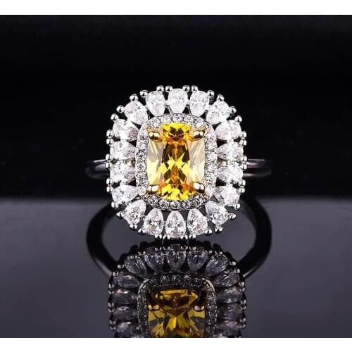 Peacock Star Solid 925 Sterling Silver Three-Stone Luxury Ring 8 Carat Yellow Canary Created Diamante Resizable Jewelry Gifts
