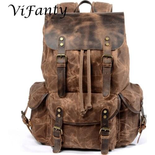 Travel Backpack for Men & Women,Leather-Waxed Canvas Shoulder Rucksack, Vintage Style W Laptop Space & Multiple Pockets