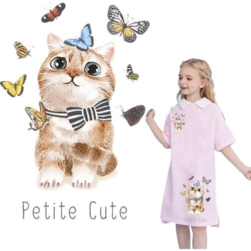 Cute cat and butterfly ironing stickers iron on transfers for clothing vinyl transfer for clothes parch applique badges нашивки