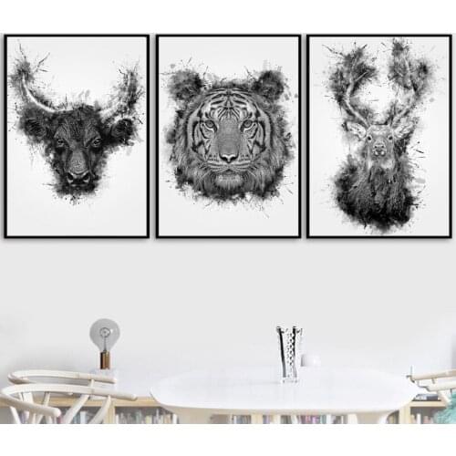Nordic Canvas Painting Wall Art Prints and Posters Bison Deer Tiger Minimalist Retro Plants Pictures Modern Living Room Decor