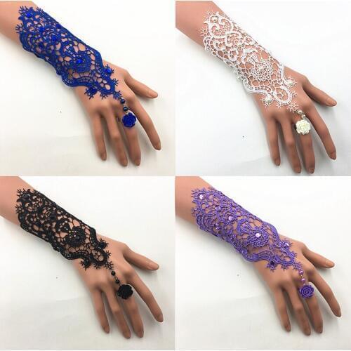 1pair Lace Pearl Rhinestones Bridal Gloves Bracelet Wedding Glove White Black Pink Bride Party Prom Jewelry Ring Wristband Glove