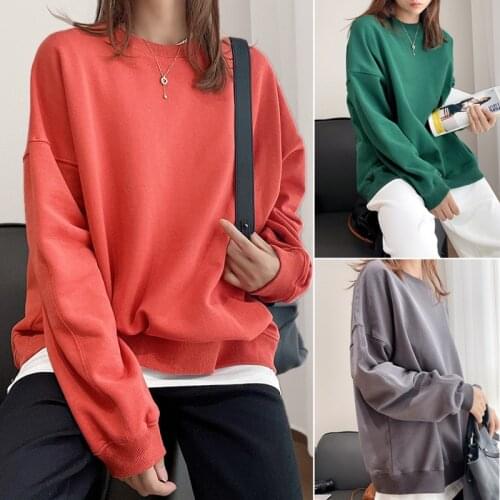 2021 Autumn O Neck Cotton Women Sweatshirts Loose Drop-shoulder Sleeve Oversize Casual Sweatshirts Basic Pullovers 100% Cotton
