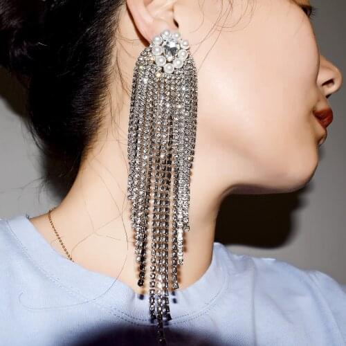 Vintage Shiny Rhinestone Long Tassel Dangle Earrings For Women Fashion Jewelry Bridal Wedding Statement Earrings Accessories