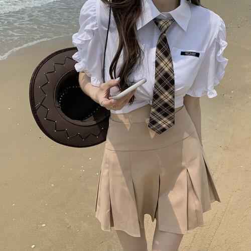 HOUZHOU Vintage Blouses Women Kawaii Ruffle Short Sleeve White Tops with Tie Summer Korean Fashion Preppy Style Shirt for Girl